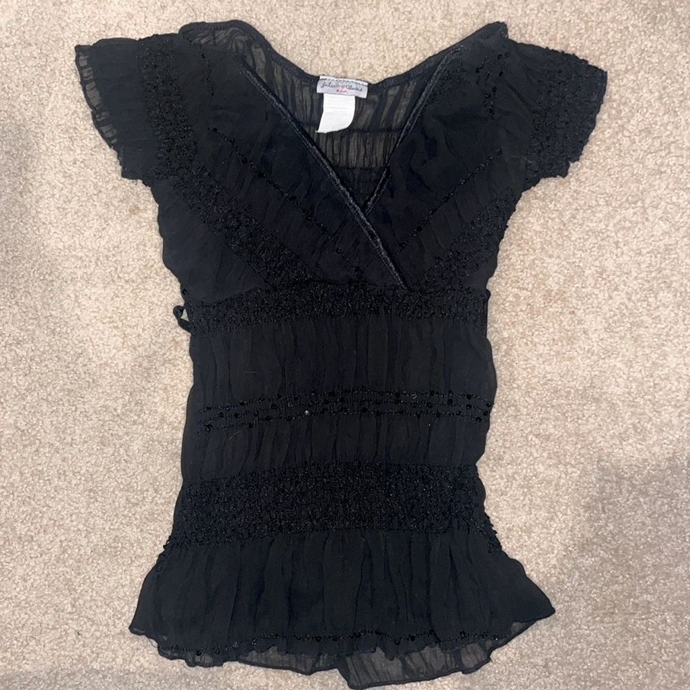 Black v-neck top sequin detail with tie back